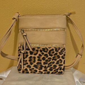 Cream and Brown Crossbody Bag with Leopard Print. NWOT.